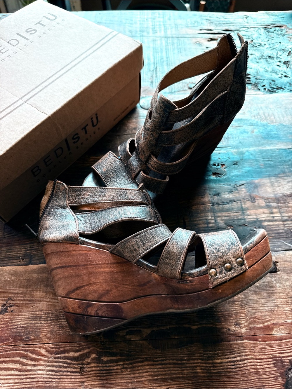 Bed Stu Distressed Brown Multi-Strap Wedge Sandals - Picture 2 of 6